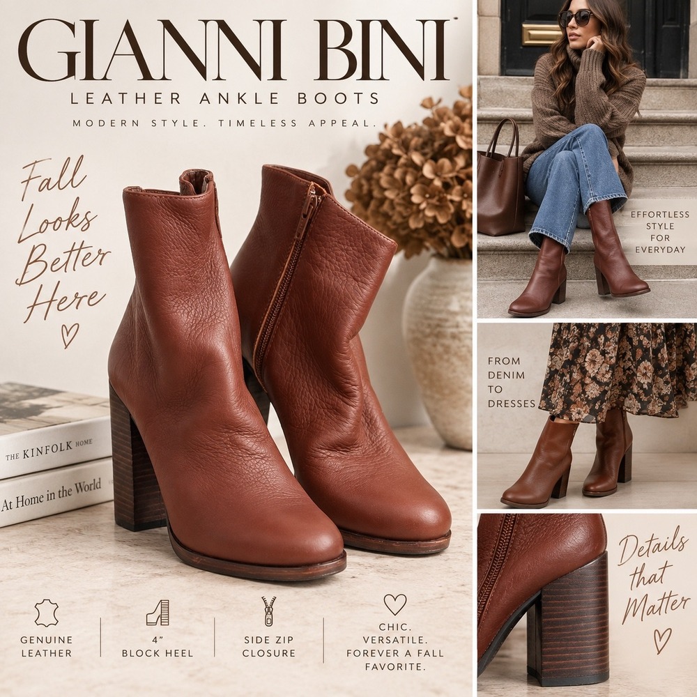 Gianni Bini Cognac Leather Ankle Boots 8.5 Block Heel Western Boho